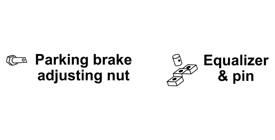 A picture of a parking brake adjusting nut and an equalizer and pin.