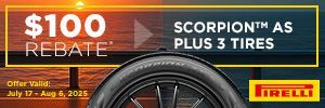 pirelli tire on display with a rebate offer