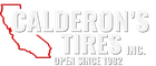 A white logo for calderon 's tires inc.