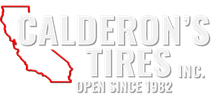 A white logo for calderon 's tires inc.