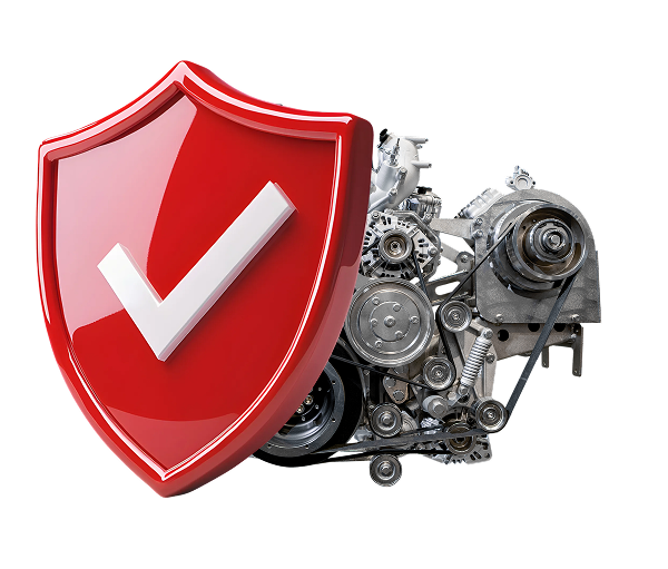 Red shield with checkmark protecting car engine. | Lains Auto Services