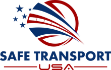 A logo for safe transport usa with an american flag and stars.