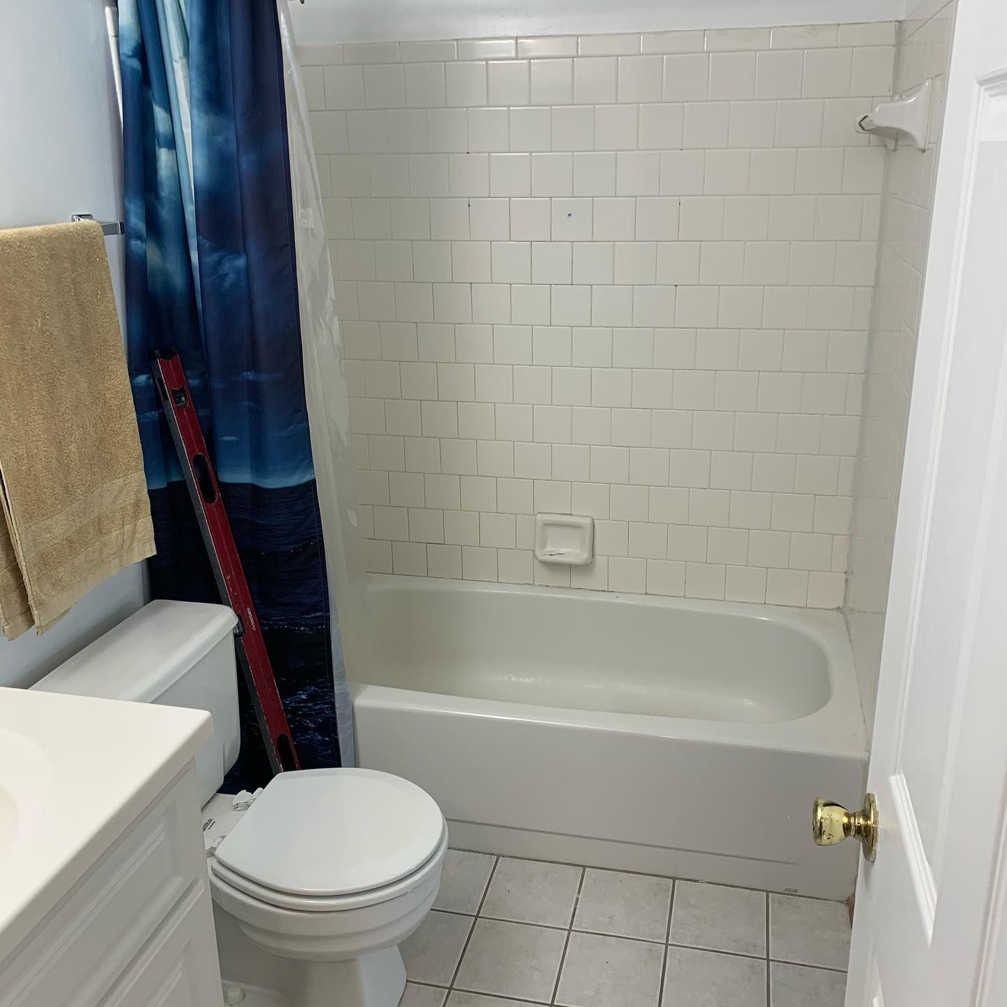 A bathroom with a toilet a bathtub and a shower curtain