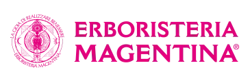 Logo per Erboristeria Magentina, testo magenta e stemma circolare.