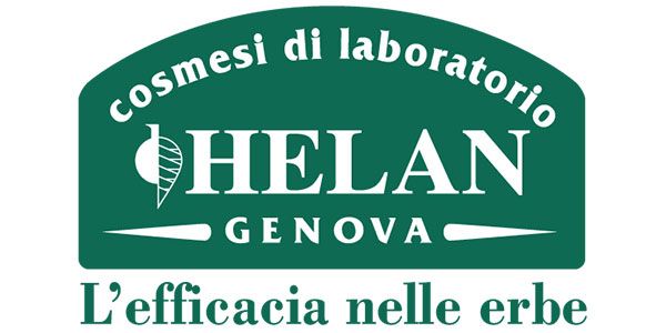 Logo per la linea di cosmetici Helan Genova, con la forma di uno scudo verde, testo bianco e un'illustrazione a base di erbe.