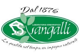 Logo del laboratorio erboristico Sangalli, ovale verde con testo e foglie. 