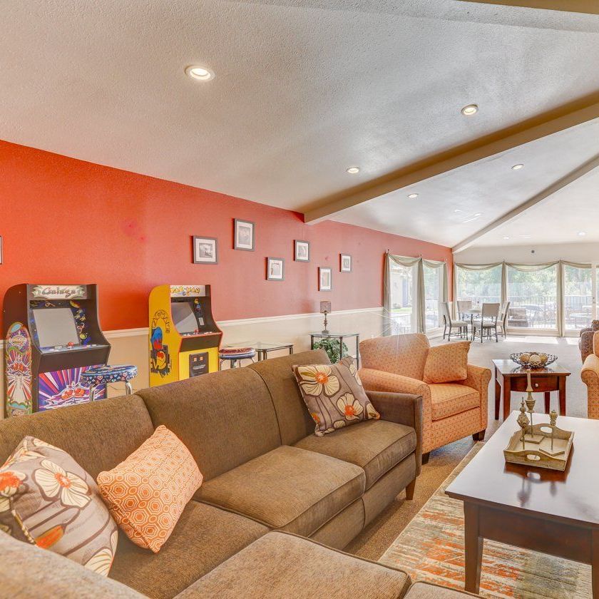 Interior photo of a seating area overlooking the city