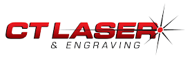 Logo for CT Laser & Engraving with red text and a stylized laser beam burst on the right side.