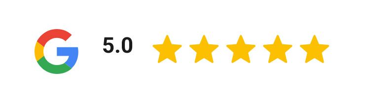Google review rating of 5.0 stars out of 5, represented by the Google logo followed by five solid yellow stars.