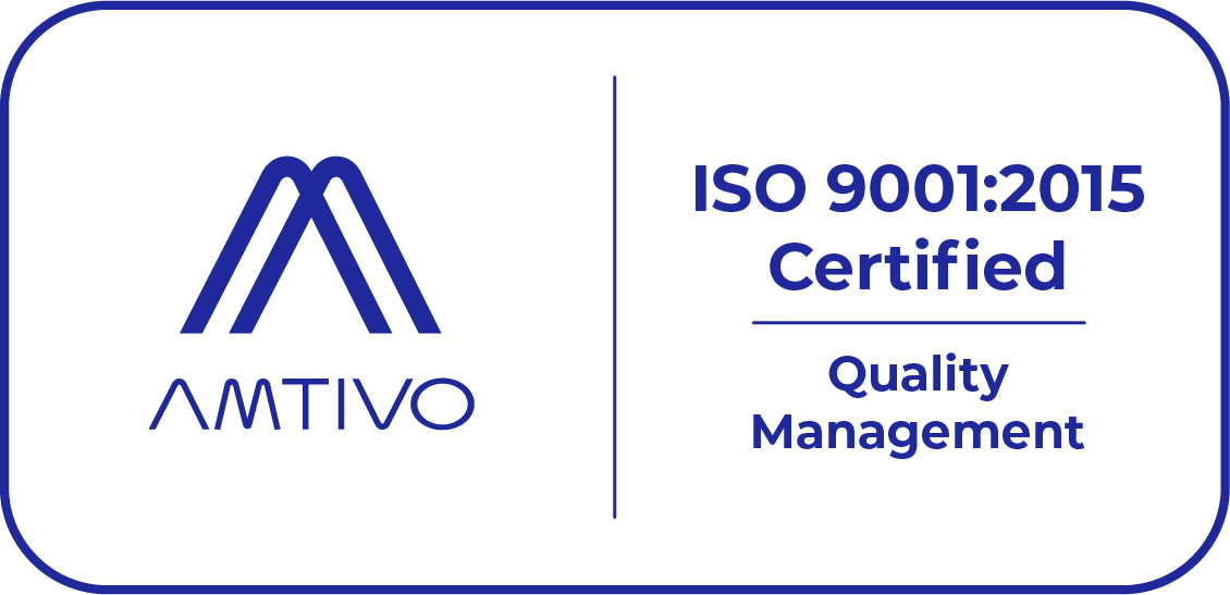 AMTIVO logo with ISO 9001:2015 certified quality management text in blue and white