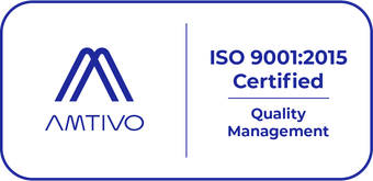 AMTIVO logo with “ISO 9001:2015 Certified Quality Management” badge in blue and white