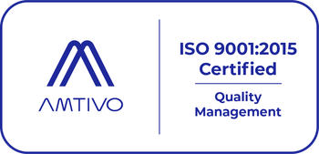 AMTIVO logo with ISO 9001:2015 certified quality management text in blue and white