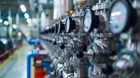 Close-up of a long row of industrial metal pipes with pressure gauges and valves in a brightly lit factory.
