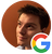 A person looking upward next to a Google logo in a circular frame against a solid dark orange background.