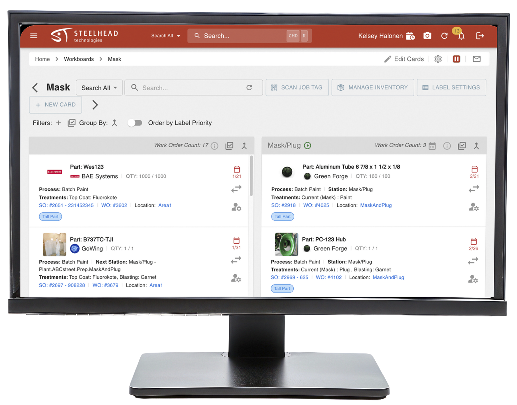 A computer monitor displaying a software interface with a list of tasks and projects, organized into columns.