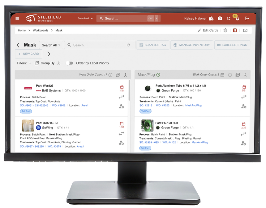 A computer monitor displaying a software interface with a list of tasks and projects, organized into columns.