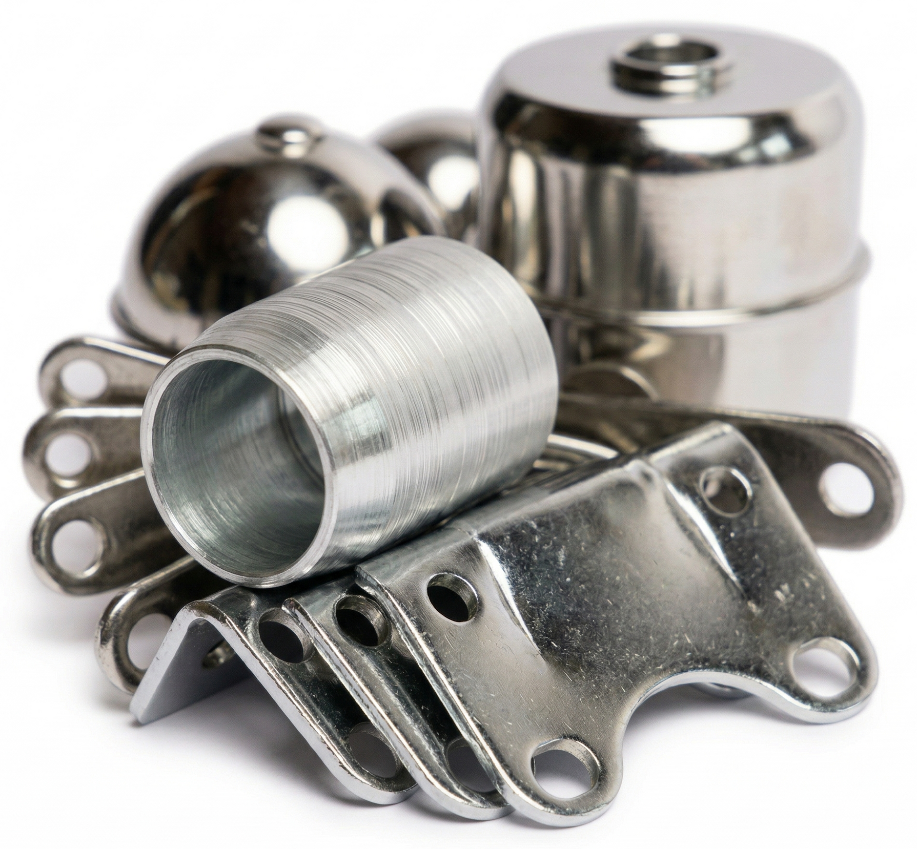 A collection of assorted shiny silver metal hardware components, including brackets, a cylindrical sleeve, and caps.