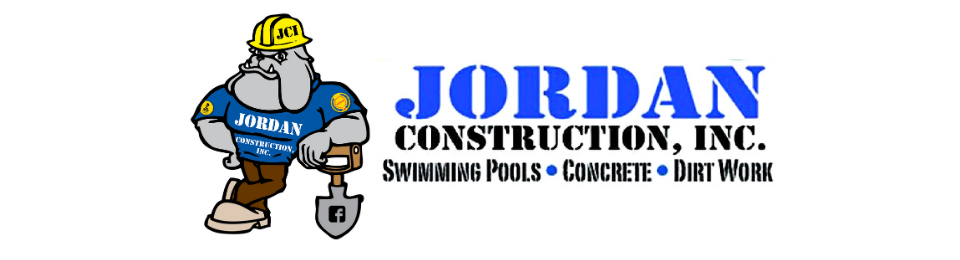 Logo for Jordan Construction, Inc. featuring a cartoon bulldog in a hard hat leaning on a shovel, with text below.