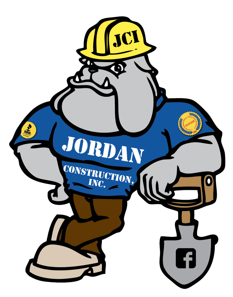 A bulldog mascot in a yellow hard hat and blue Jordan Construction, Inc. shirt leaning on a shovel with a Facebook icon.
