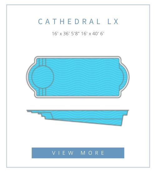 Technical drawing of a Cathedral LX swimming pool showing top and side views with dimensions.