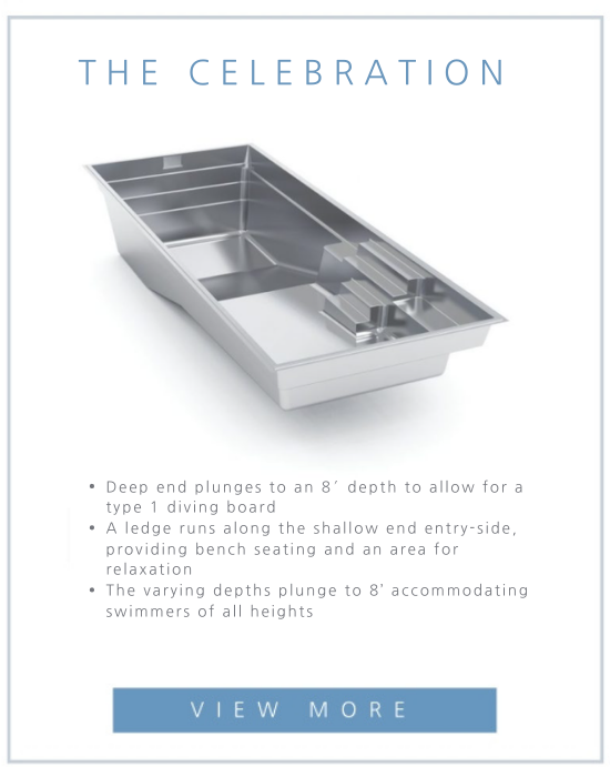 A gray swimming pool shell named The Celebration, featuring an 8-foot deep end for diving and a shallow-end bench ledge.