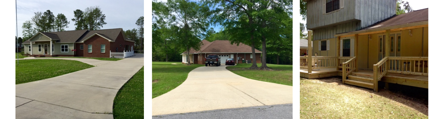 Three side-by-side photos showing residential home exteriors with concrete driveways and a wooden deck.