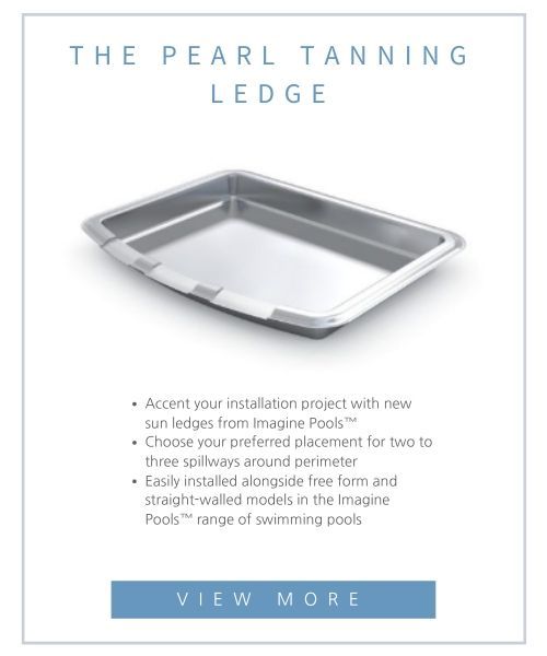 The Pearl Tanning Ledge: a metallic, rectangular pool tanning shelf with spillways, promoting Imagine Pools products.