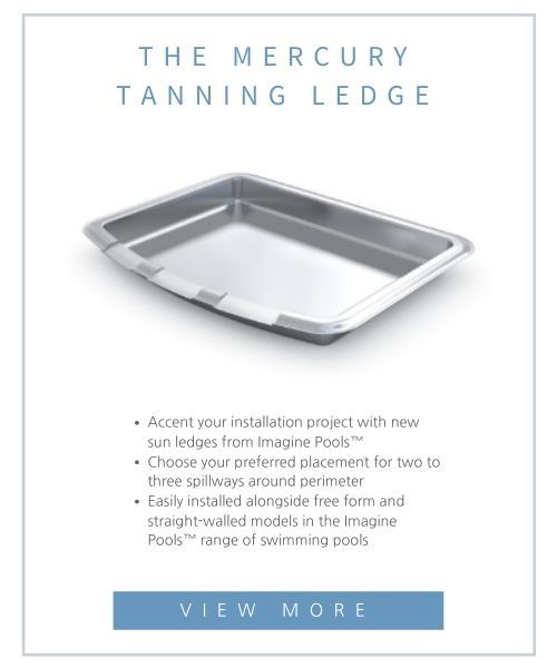 A silver Mercury Tanning Ledge for pools with text listing features and a 