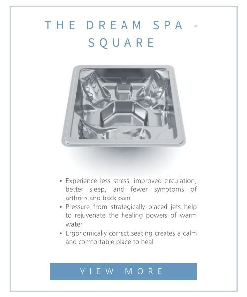 The Dream Spa - Square hot tub, shown from above with jets, alongside its benefits and a View More button.
