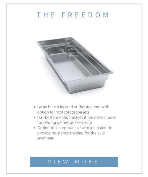 The Freedom pool model featuring a flat bottom, steps, a large bench with optional spa jets, and a swim jet system.