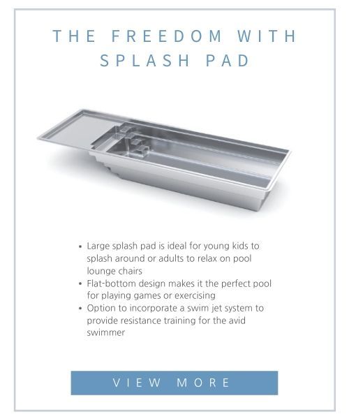A rectangular swimming pool with a shallow splash pad area, shown from an elevated angle with text promoting its features.