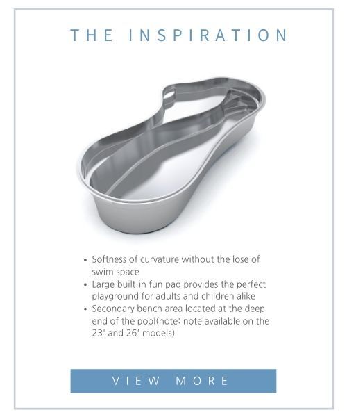 A 3D rendering of a curved, modern swimming pool shell with a built-in fun pad and deep-end bench.