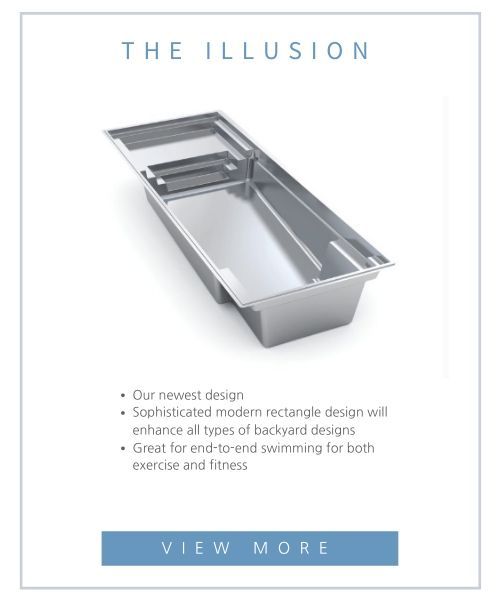 The Illusion pool model, a sleek rectangular swimming pool design, with bullet points highlighting its features and a link.