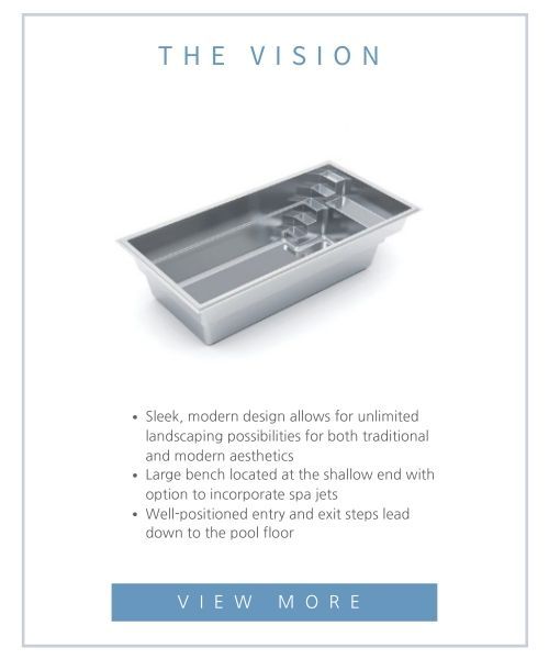 A rectangular swimming pool model with a large bench and entry steps at the shallow end, titled 