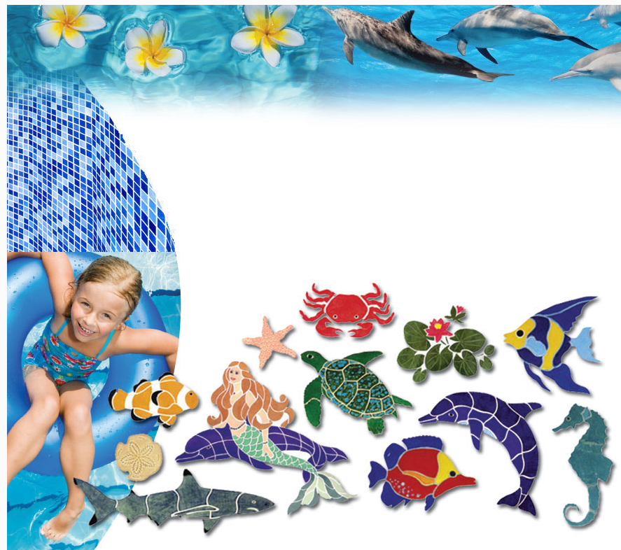 A child in a pool float with decorative mosaic tiles of sea creatures, flowers, and dolphins on a white background.