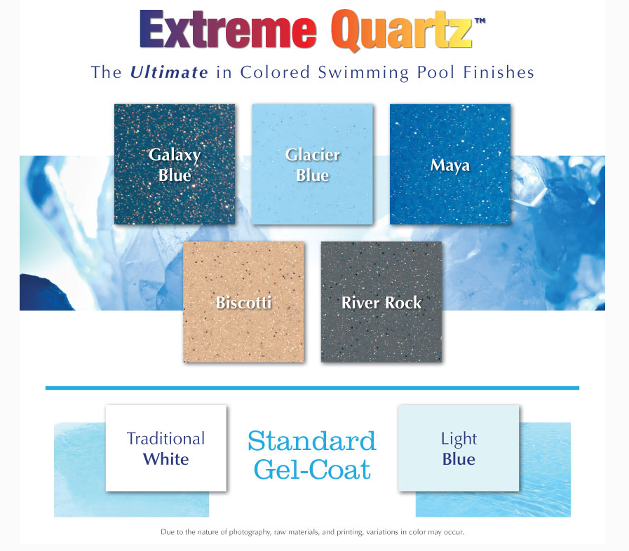 A display of pool finish colors including Extreme Quartz options in five colors and Standard Gel-Coat in two colors.