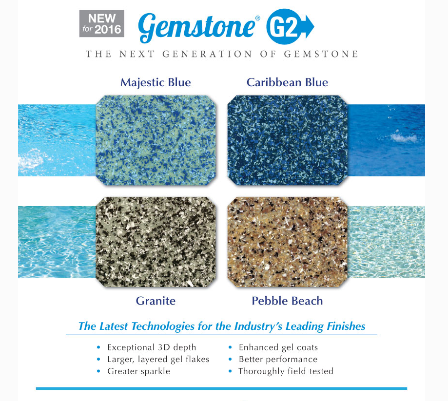 Gemstone G2 pool finish color samples: Majestic Blue, Caribbean Blue, Granite, and Pebble Beach.