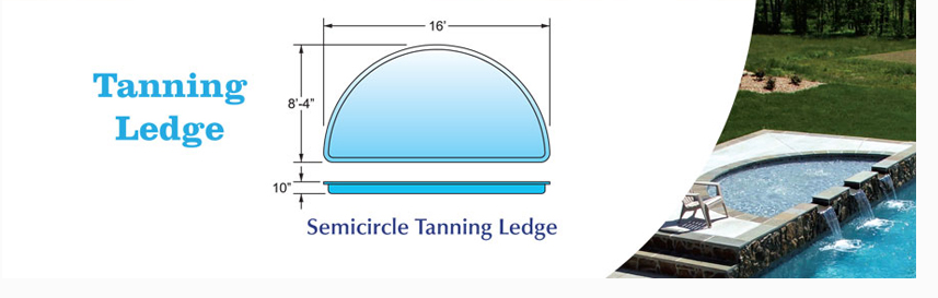 Diagram of a semicircular tanning ledge with measurements next to a photo of an installed stone-walled pool ledge.