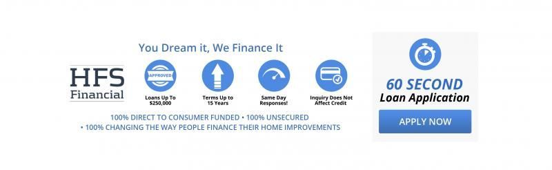 HFS Financial banner advertising home improvement loans, featuring a 60-second application link and loan benefits.