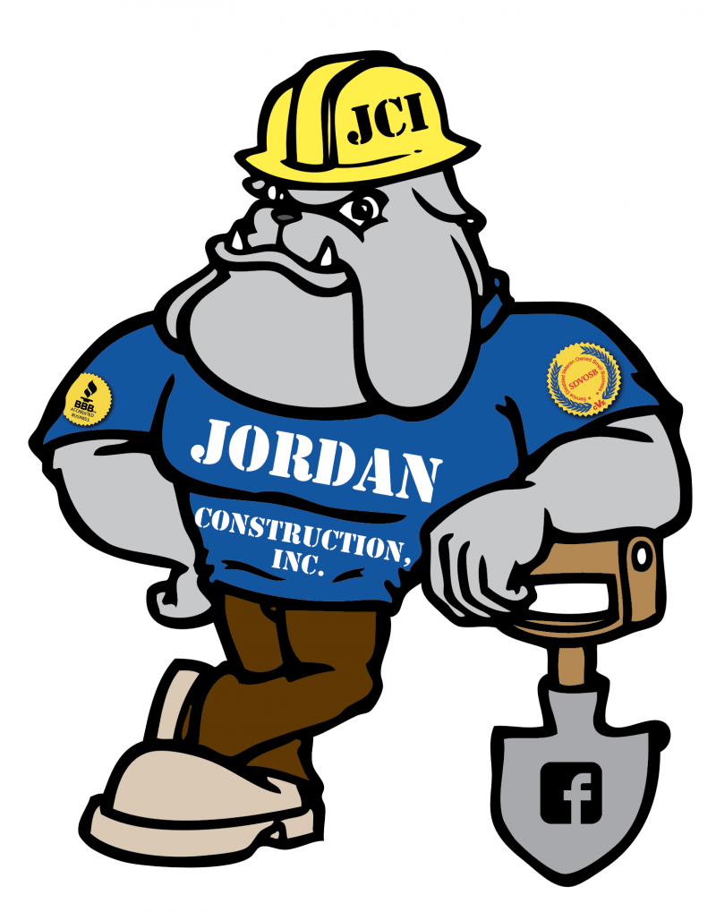 A cartoon bulldog in a hard hat and blue Jordan Construction, Inc. shirt leaning on a shovel with a Facebook icon on it.