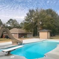 An outdoor swimming pool with a diving board and slide on a sunny day in a backyard with a house and trees.