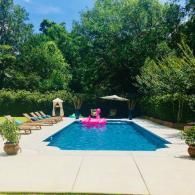 A rectangular swimming pool with a pink flamingo float, surrounded by a concrete deck and lush green trees.