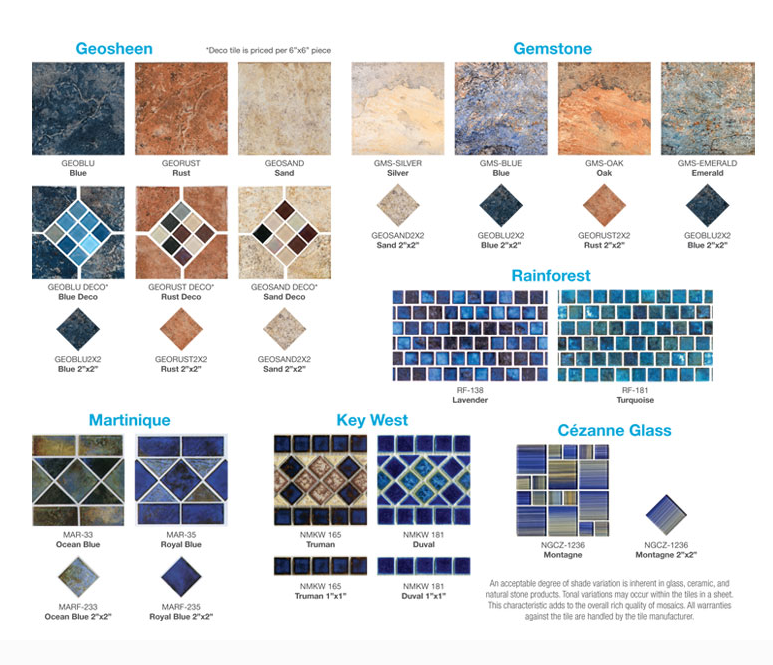 A product catalog display showing various styles of square pool tiles in different colors, textures, and patterns.