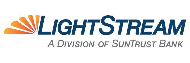 Logo for LightStream, a division of SunTrust Bank, featuring a stylized orange sun icon next to the brand name.