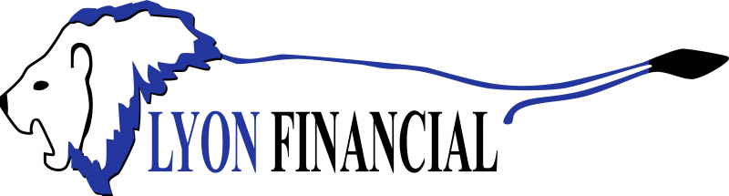 The logo for Lyon Financial, featuring a blue lion illustration with a long tail above the company name in blue text.