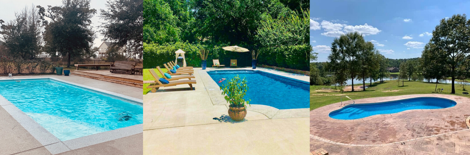 A collage of three different backyard swimming pools set in sunny, landscaped outdoor environments.