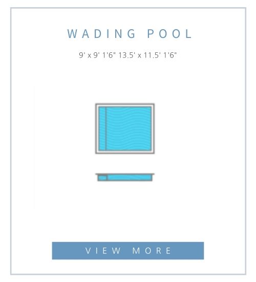 A graphic showing two wading pool size options, 9'x9' and 13.5'x11.5', with a button below to view more.