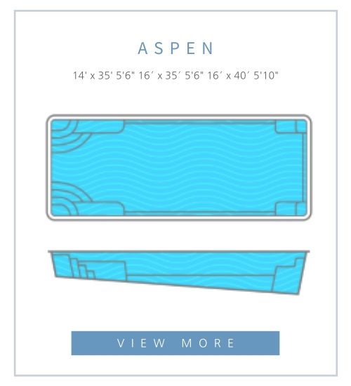 Aspen model swimming pool diagram with dimensions shown in plan and profile views against a white background.