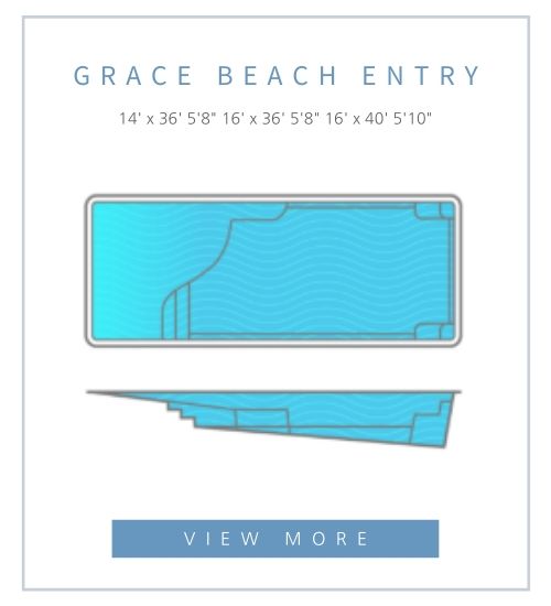 Grace Beach Entry pool model, showing a rectangular pool with a sloped entry, top-down and side-view blueprints.