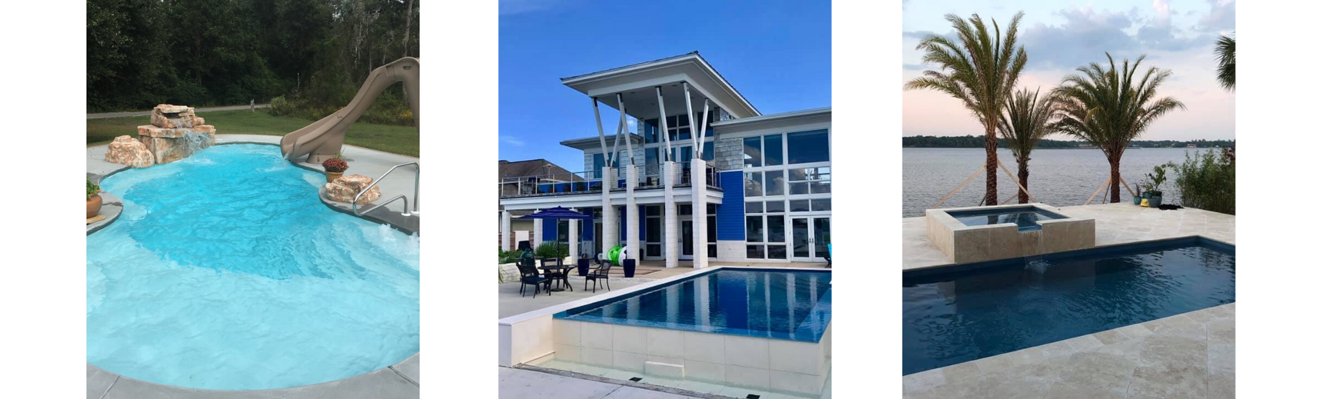 Three photos showing backyard swimming pools with features like a rock waterfall, a modern home, and palm trees.